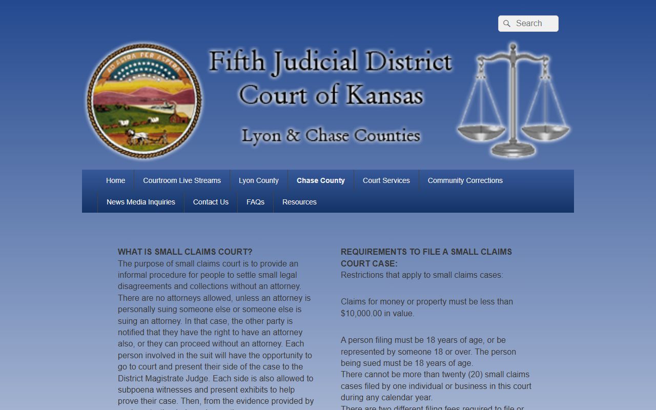 Chase County Clerk of the District Court small claims filing fees and process