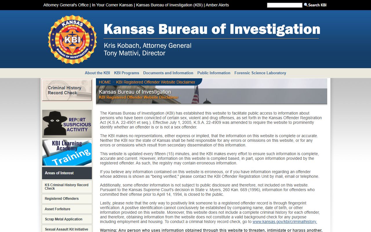Chase County arrest records KBI offender registry disclaimer