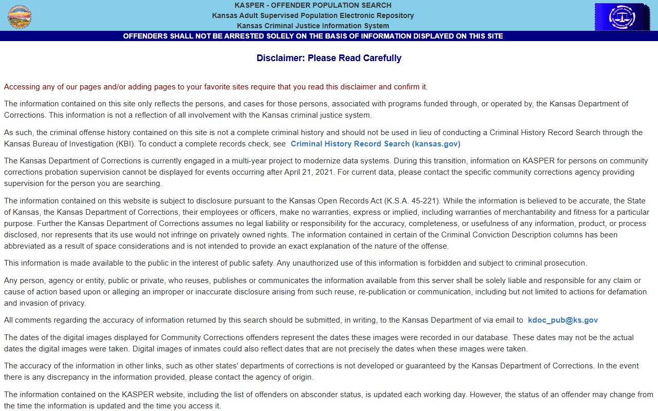 Chase County arrest records KASPER disclaimer page