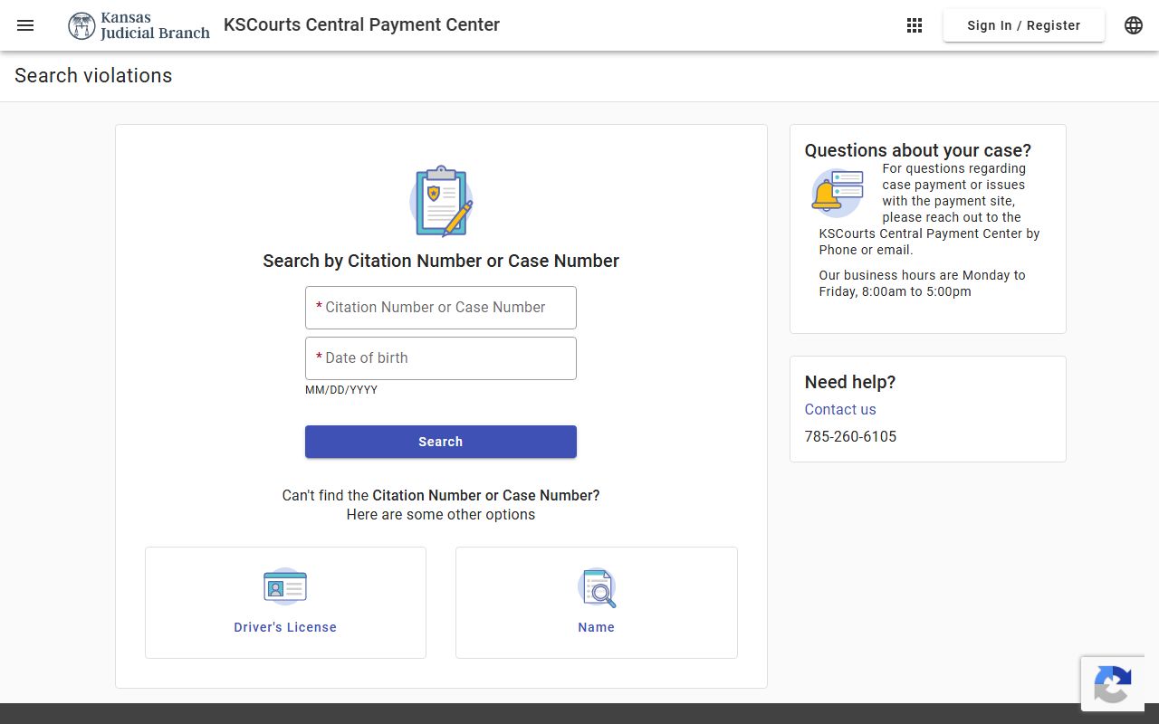 Chase County court dockets Central Payment Center search page
