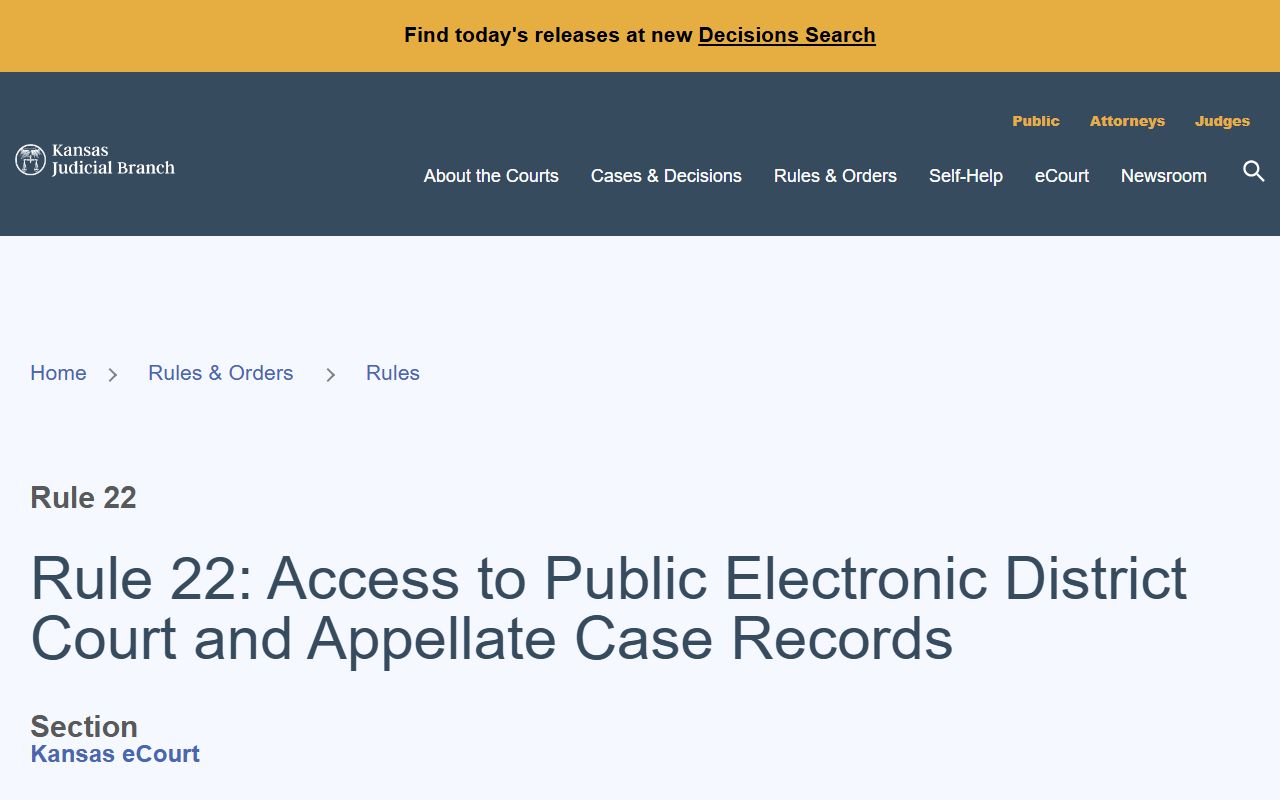 Chase County court records Kansas Rule 22 access page