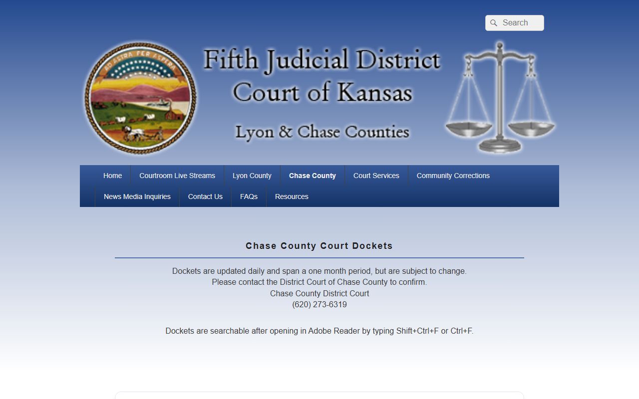 Chase County court records docket calendar page
