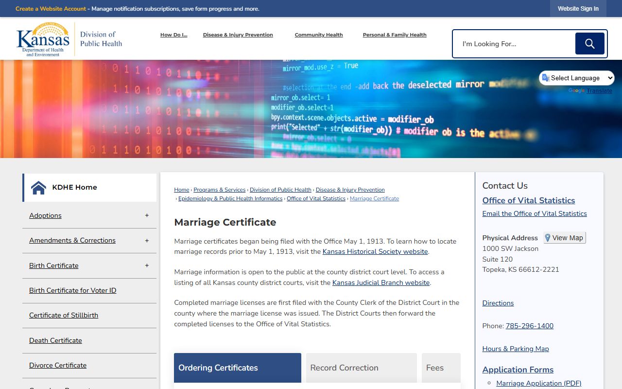 Chase County marriage records KDHE marriage certificate ordering page